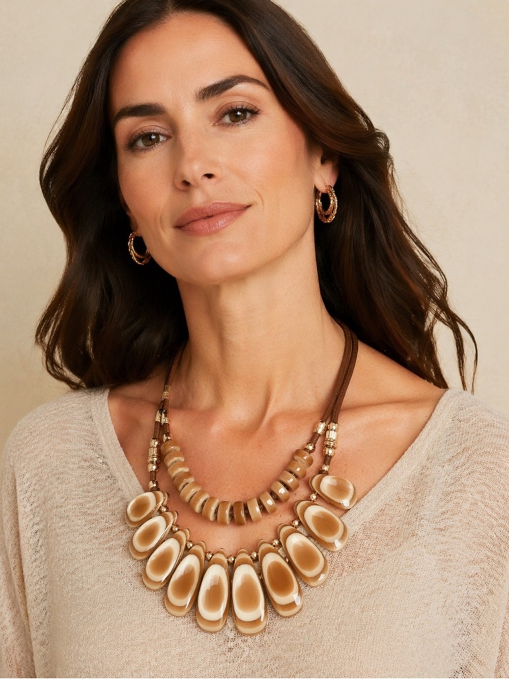Chico's Brown Cream Marbled Teardrop Bead Tiered Necklace